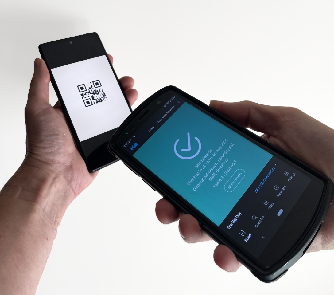 A Qflow scanner and phone checking in a guest's QR ticket