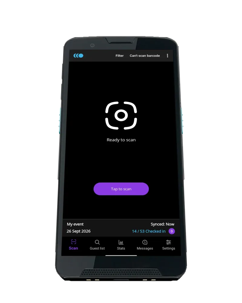 A Qflow handheld scanner showing the check-in app, ready to scan