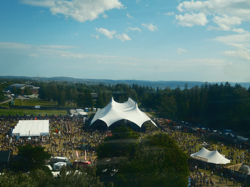 Outdoor festival field with marquees, seen from above